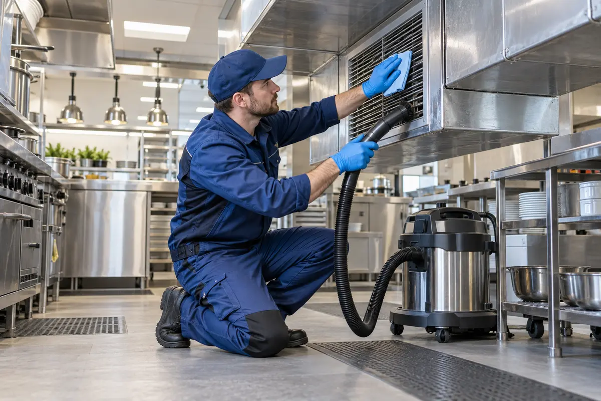 Engineer cleaning a ventilation grille