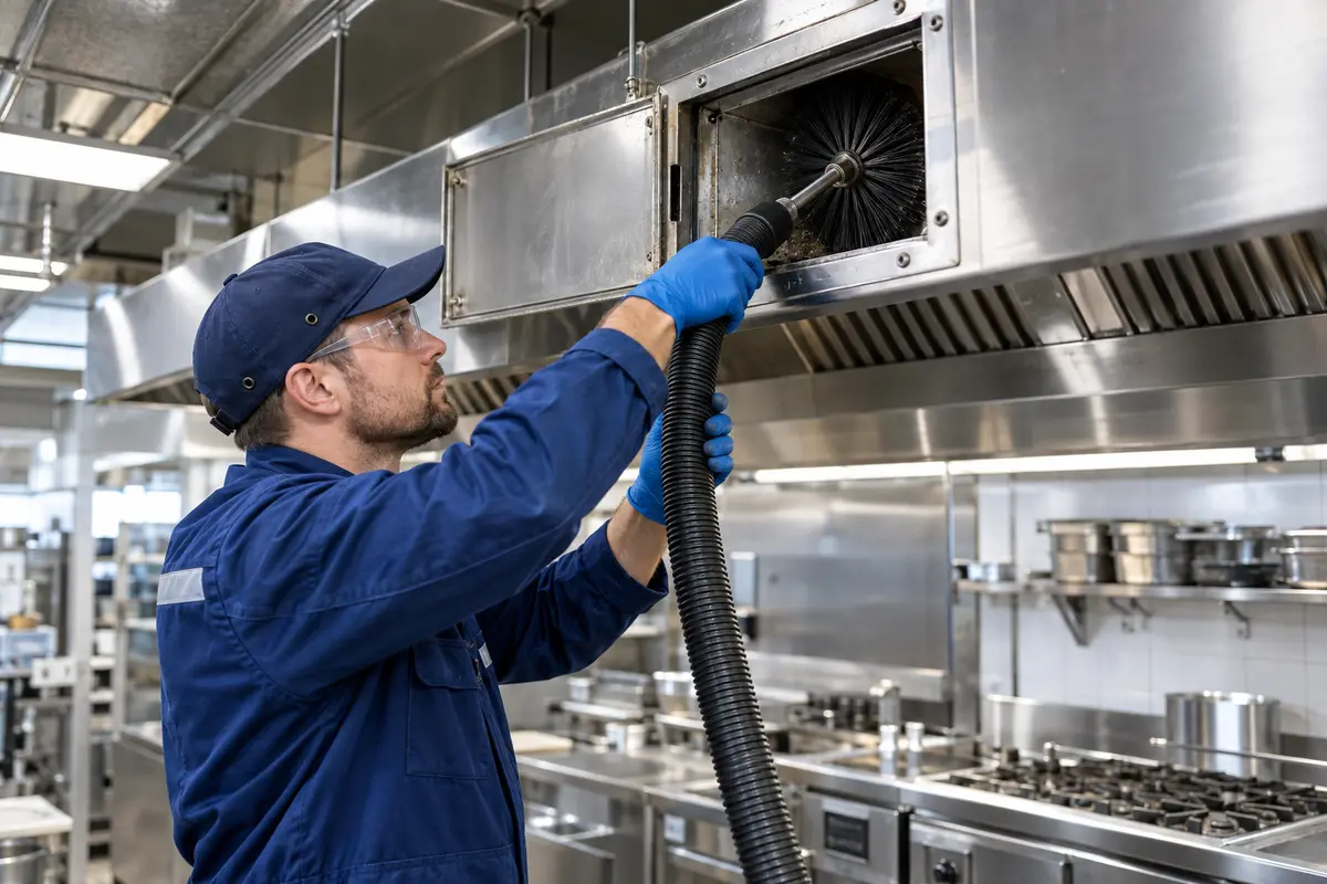 Engineer cleaning ductwork through an access panel
