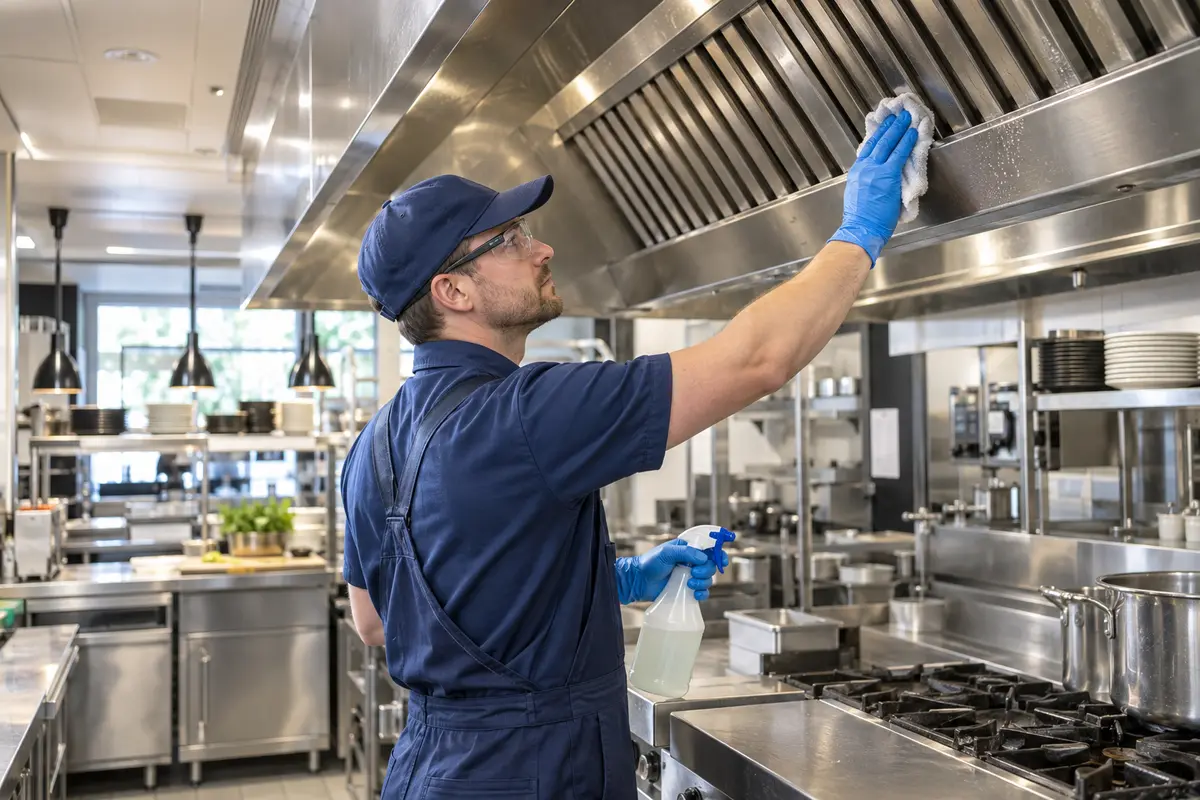 Engineer cleaning a stainless-steel canopy