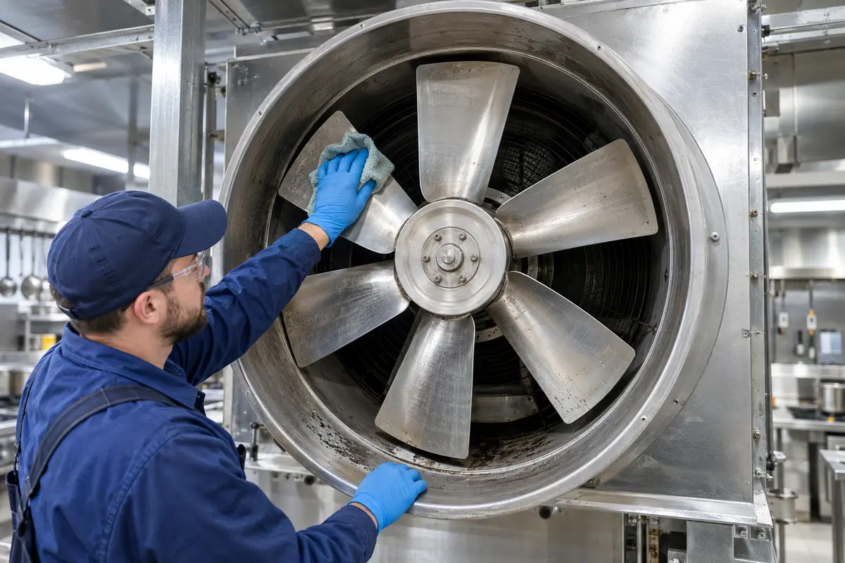Engineer cleaning an extraction fan